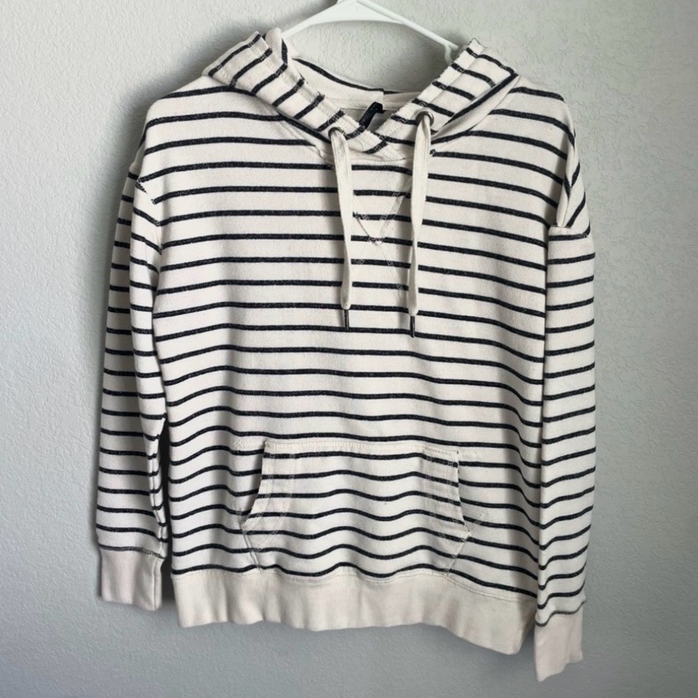 Jo & Co Striped Hoodie Women Medium Black White Pullover Nautical Sweatshirt